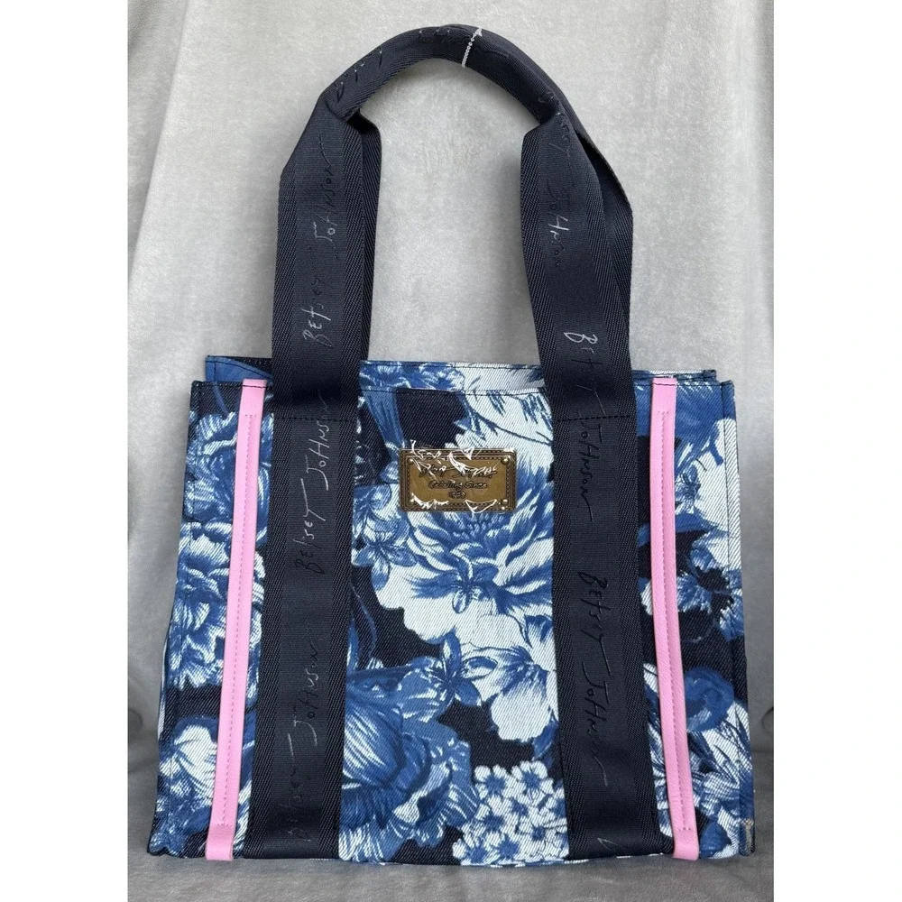Betsey Johnson Denim Bag Tote Blue Floral Embroidered Handbag Satchel Crossbody